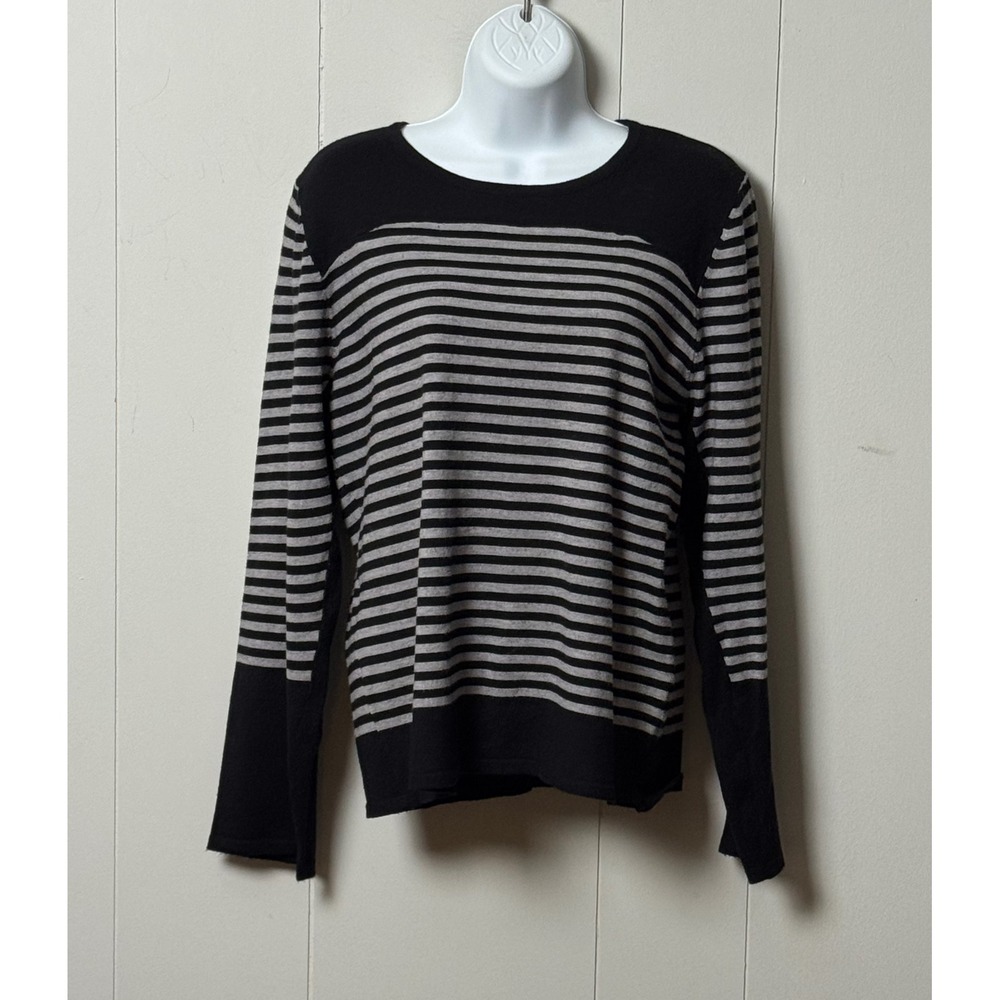 Premise Women's Black Grey Striped Knit Sweater Back Zip Long Sleeve Top Size XL